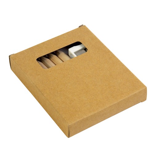 Set composé de 6 crayons en bois, taille-crayon en plastique et album, dans une boite