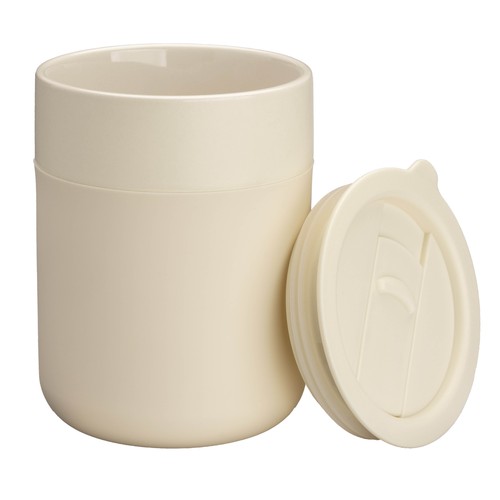 300 ml silicone-coated ceramic mug. Removable PP cap with sliding opening