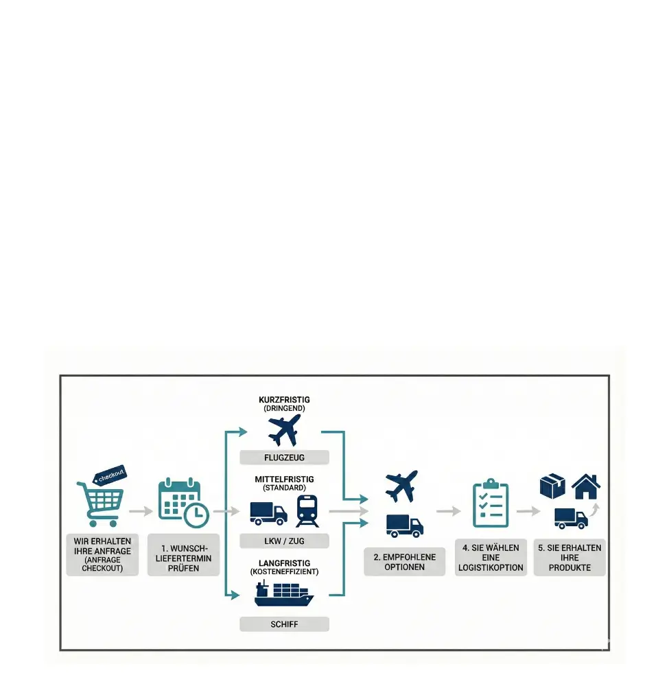 Detaillierte Infografik zum Werbeartikel Bestellprozess: Darstellung des Ablaufs von der Anfrage (Checkout) über die Prüfung des Liefertermins, Auswahl der Transportmittel (Flugzeug, LKW, Schiff) bis zum Erhalt der Produkte.