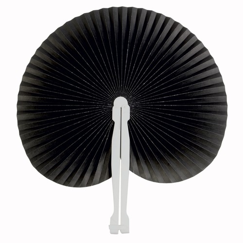 Coloured paper hand fan with white plastic handle, 26 cm long, 24 cm diameter when open