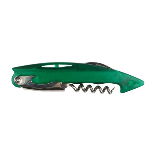Bottle opener with corkscrew and foil cutter, transparent plastic with metal tools