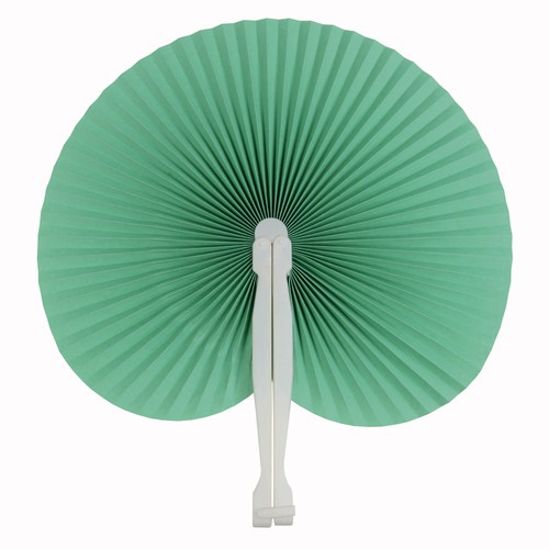 Coloured paper hand fan with white plastic handle, 26 cm long, 24 cm diameter when open