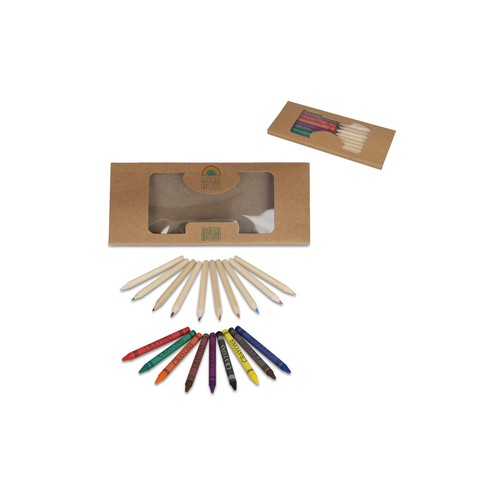 Kleurpotloden en krijtjes in kraft doosje