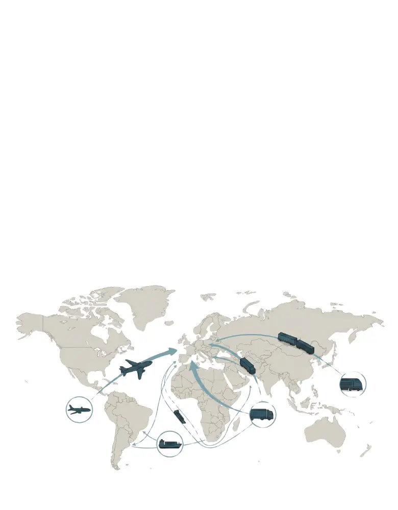 Weltkarte mit eingezeichneten Transportrouten (Flugzeug, Schiff, Bahn, LKW), visualisiert den globalen Werbeartikel Logistik Ablauf vom Import bis zur Zustellung.