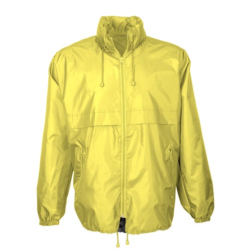 190T polyester windbreaker with fold-away hood with zip. Folds up into a waist bag