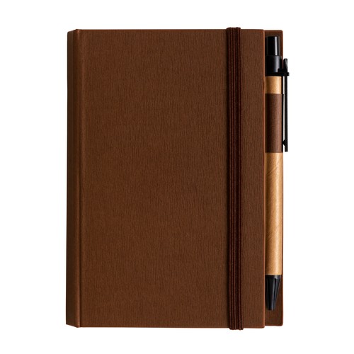 Cardboard notepad with coloured elastic, pen, ruled sheets (70 pages) and sticky notes