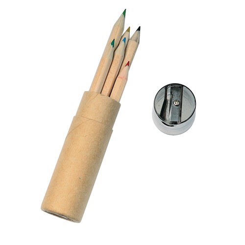 6 wooden colouring pencils with hexagonal cross-sections in a cylindrical cardboard tube
