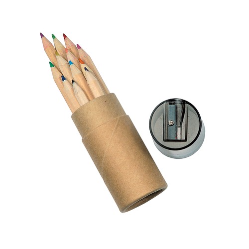 12 wooden colouring pencils with hexagonal cross-sections in a cylindrical cardboard tube