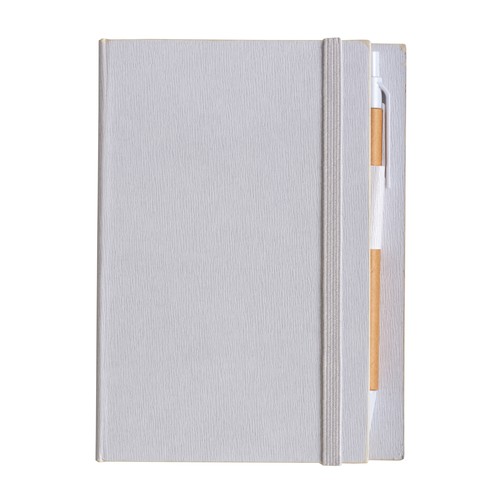 Cardboard notepad with coloured elastic, pen, ruled sheets (70 pages) and sticky notes