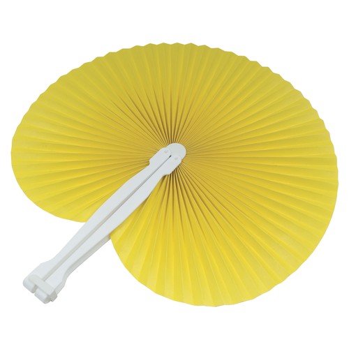 Coloured paper hand fan with white plastic handle, 26 cm long, 24 cm diameter when open