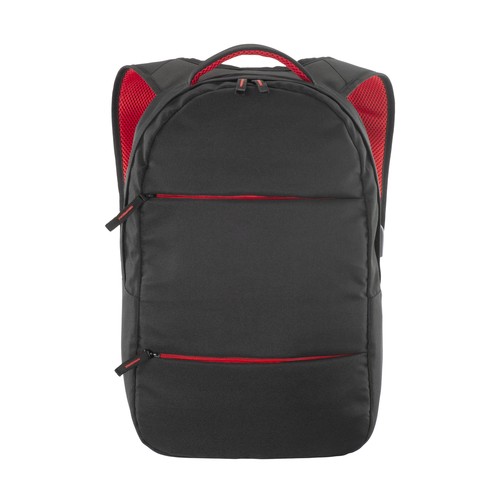 600D polyester PC backpack. Main laptop pocket and 3 front pockets. Breathable material