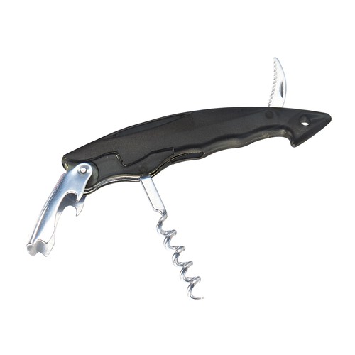 Bottle opener with corkscrew and foil cutter, transparent plastic with metal tools