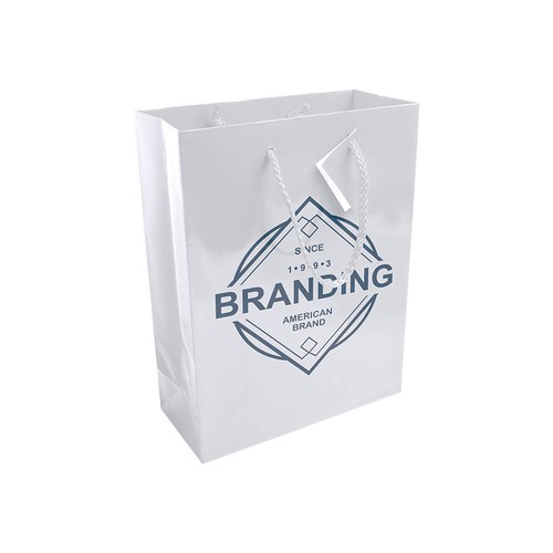 157 g/m2 laminated paper shopping bag with gusset and bottom reinforcement, string handles