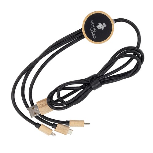 3-in-1 cable with elighted logo in a wooden casing
