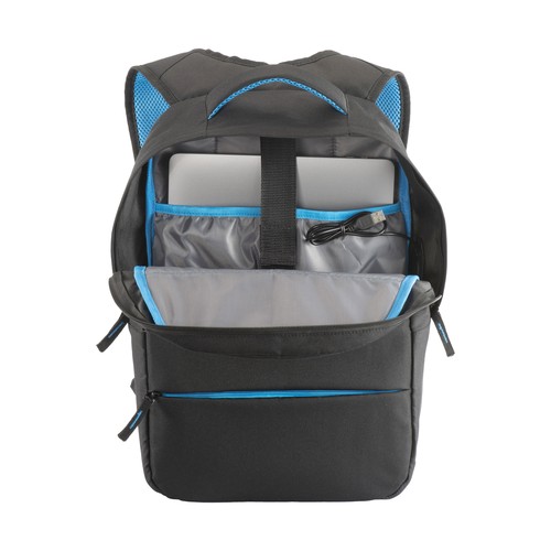 600D polyester PC backpack. Main laptop pocket and 3 front pockets. Breathable material