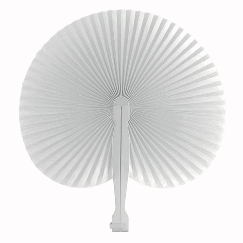 Coloured paper hand fan with white plastic handle, 26 cm long, 24 cm diameter when open