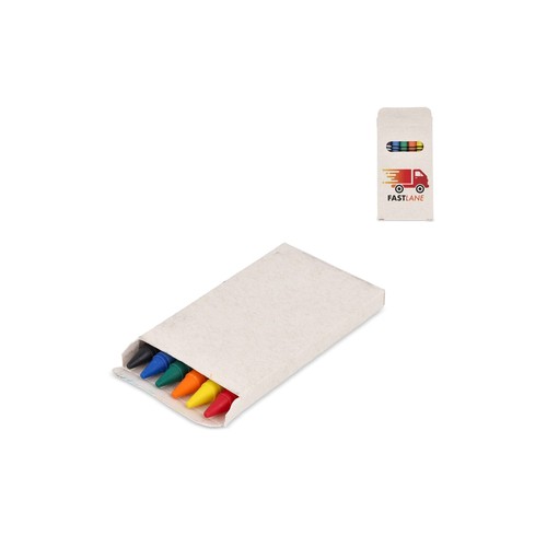 6 crayons in recycled milkcarton box